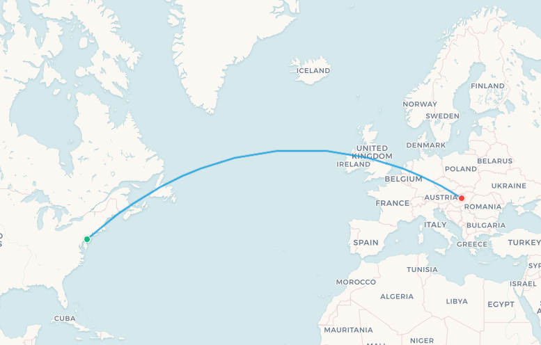 Mapa de ruta de American Airlines de Filadelfia a Budapest