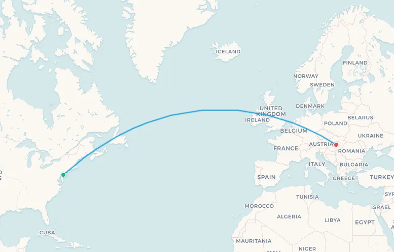 American Airlines Philadelphia to Budapest route map