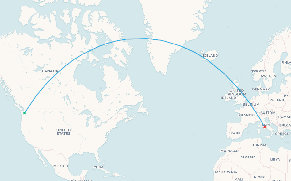 Mapa de ruta de Alaska Airlines de Seattle a Roma
