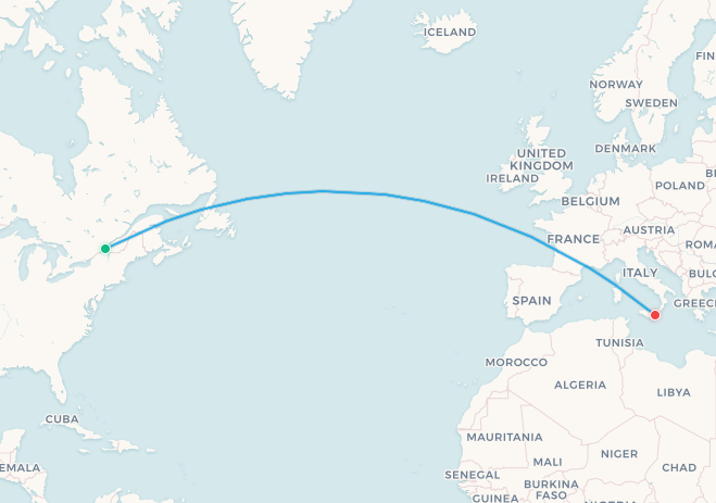 Mapa de ruta de Air Canada de Montreal a Catania