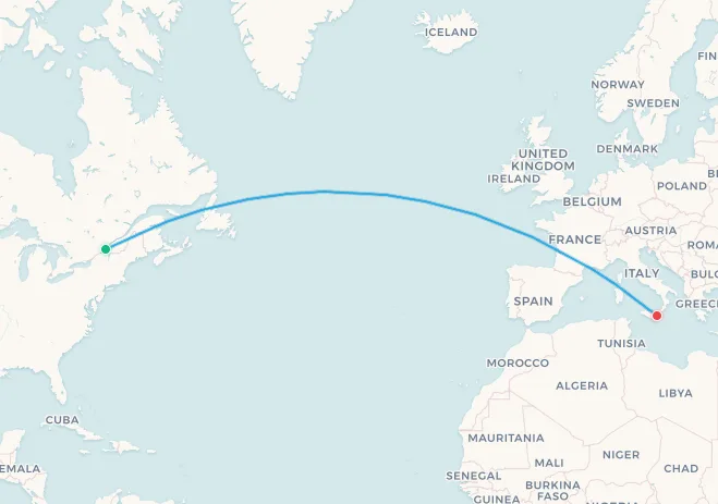 Air Canada Montreal to Catania route map