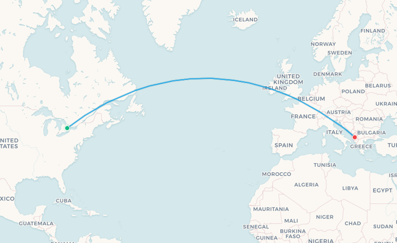 Mapa de ruta de Air Transat de Toronto a Tirana