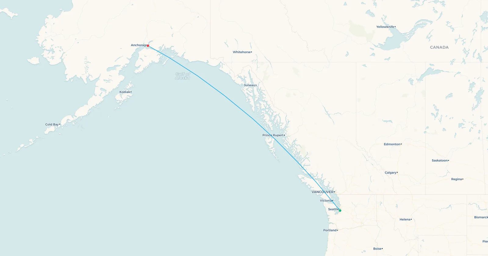 Mapa de la ruta Seattle-Anchorage por la costa de la Columbia Británica y el golfo de Alaska