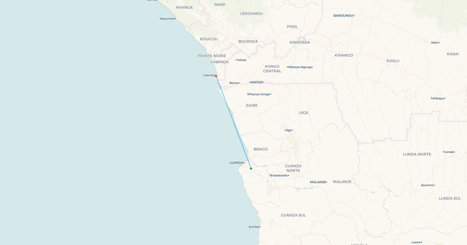 Mapa de la ruta Luanda-Cabinda sobre la franja costera de la RD del Congo