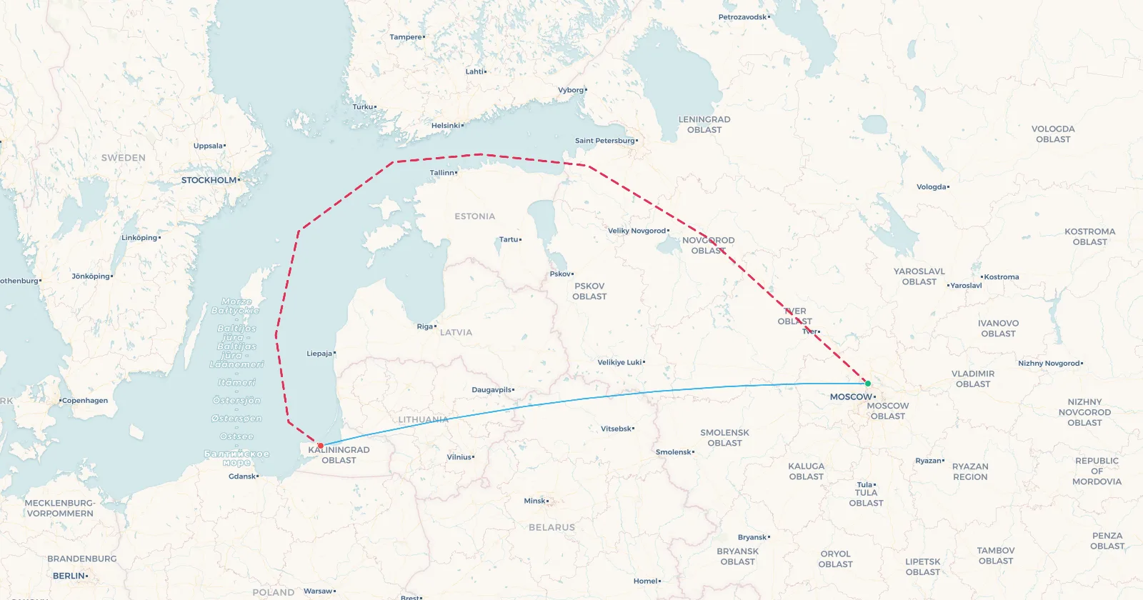 Mapa de la ruta Moscú-Kaliningrado: la línea recta cruza Bielorrusia y Lituania, y la línea discontinua muestra el trazado que se vuela desde 2022, al norte por el golfo de Finlandia y al sur por el Báltico