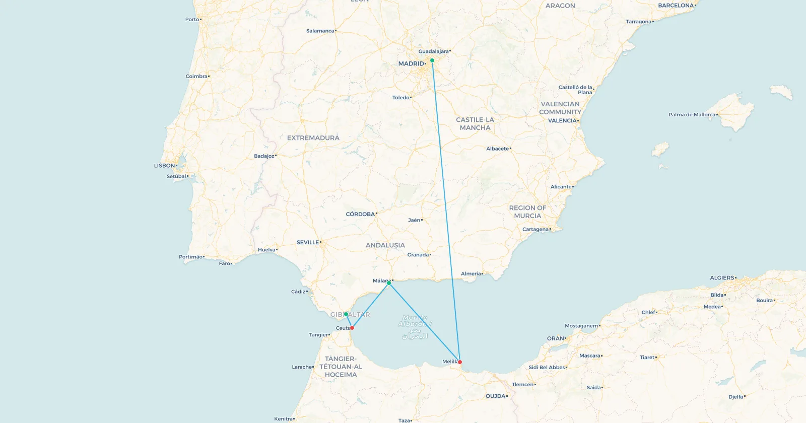 Mapa de los vuelos desde Madrid, Málaga y Algeciras a Melilla y Ceuta en la costa africana