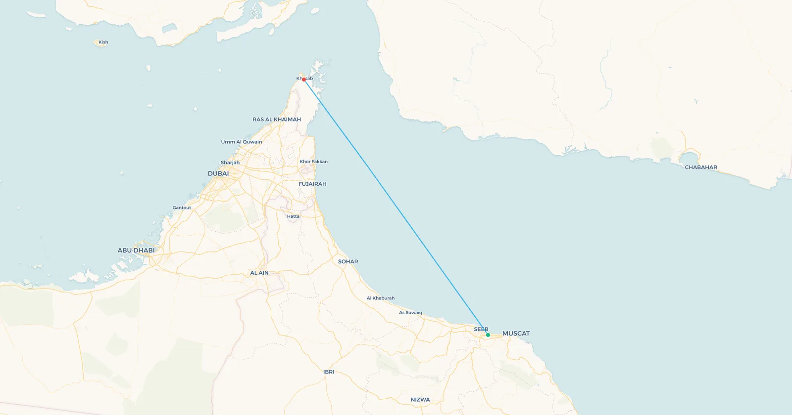 Mapa de la ruta Mascate-Khasab a través de los Emiratos Árabes Unidos hasta la península de Musandam