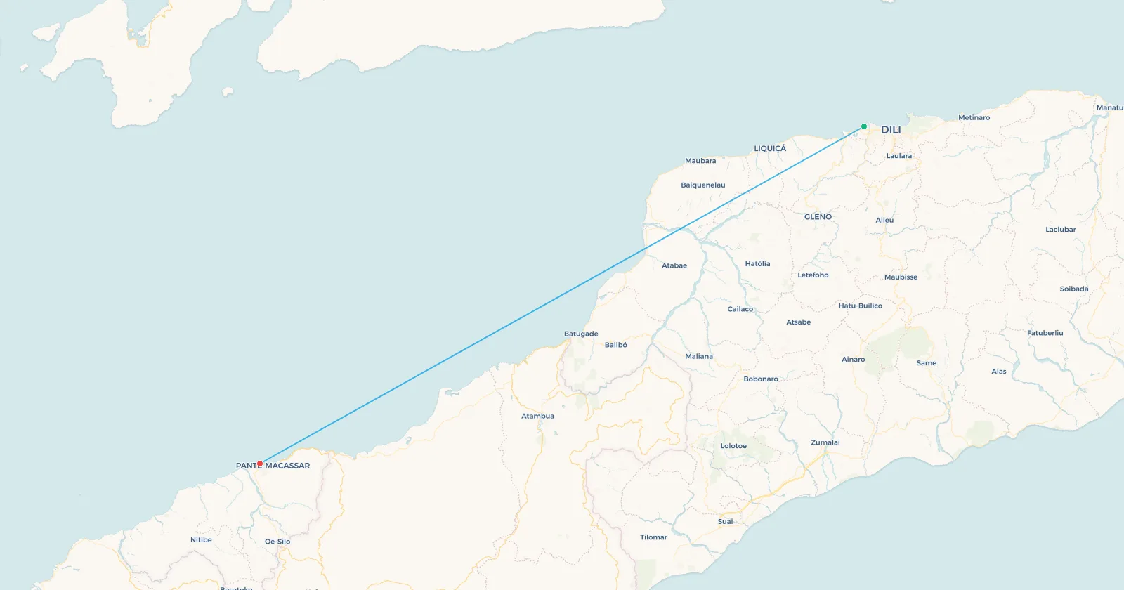 Mapa de la ruta Dili-Oecusse a través del Timor Occidental indonesio