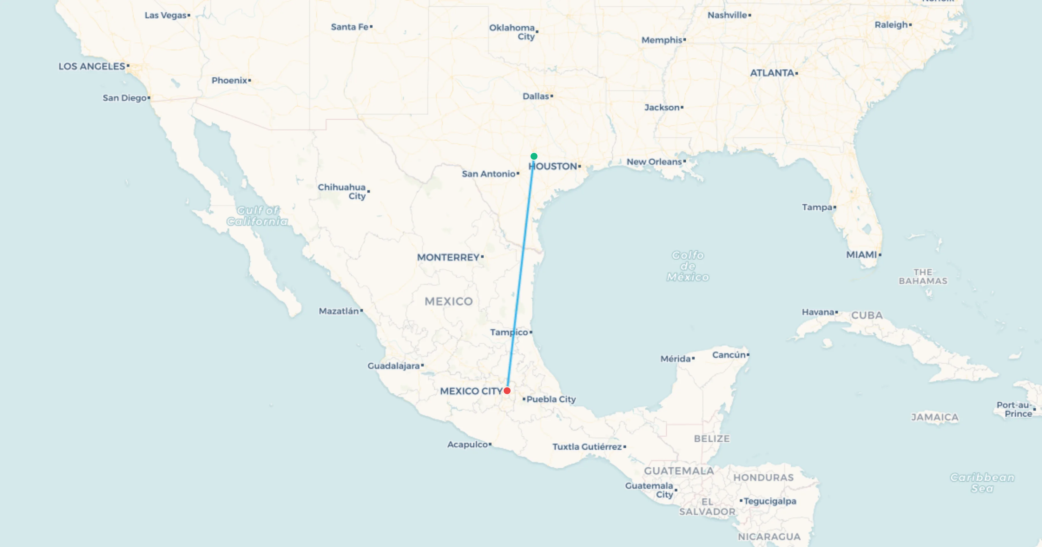 Austin to Mexico City flight leg map
