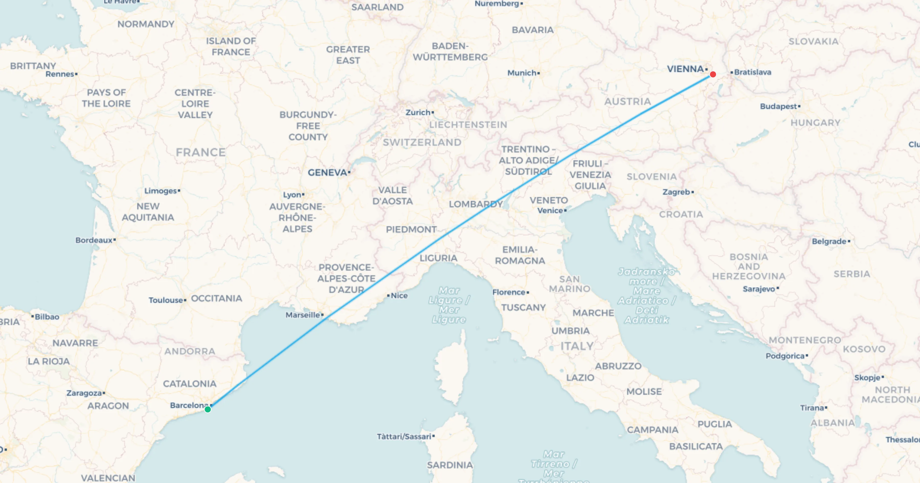Barcelona to Spielberg flight leg map