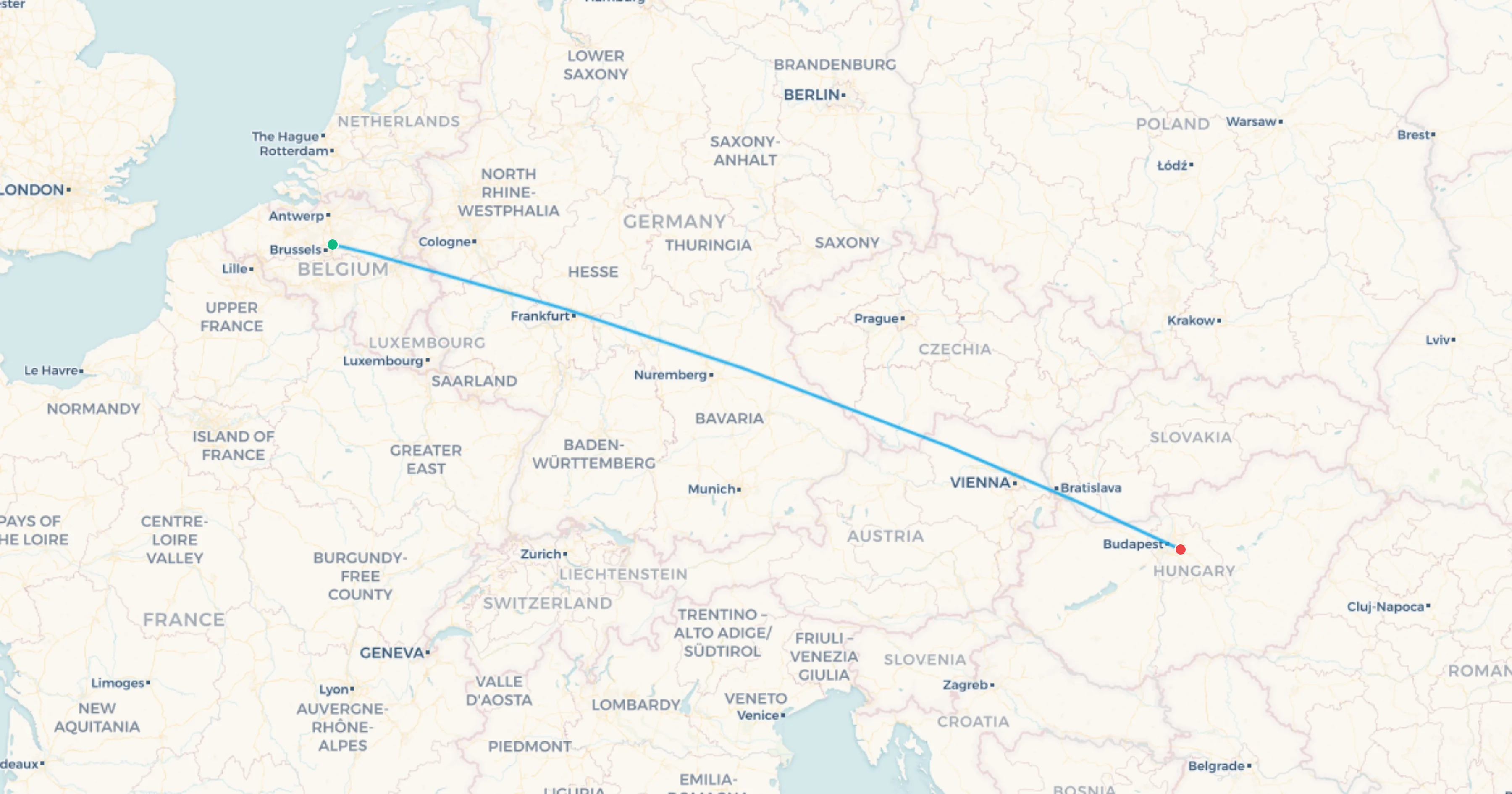 Spa to Budapest flight leg map