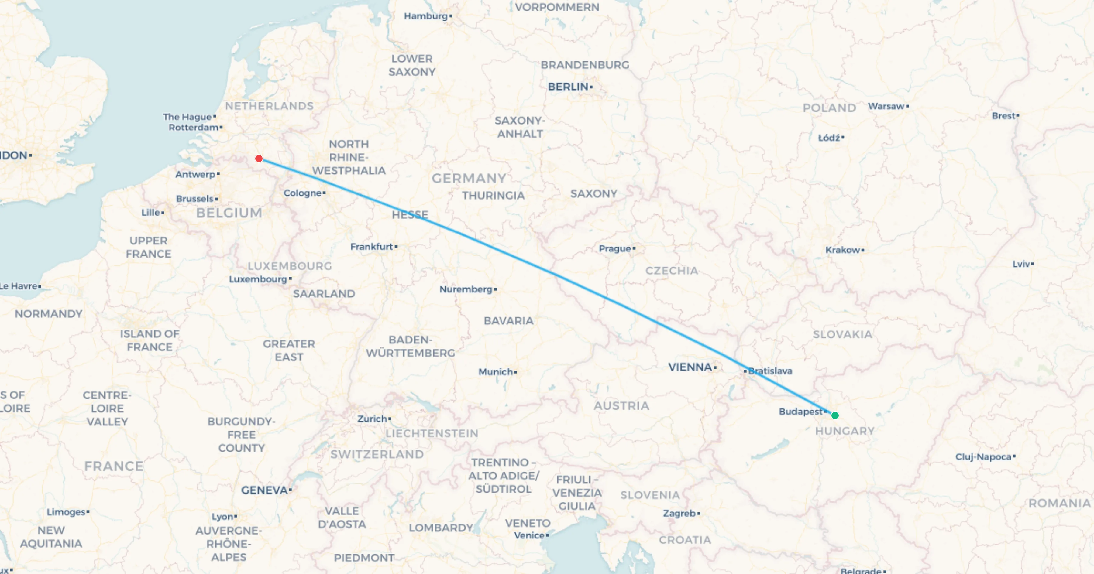 Budapest to Zandvoort flight leg map