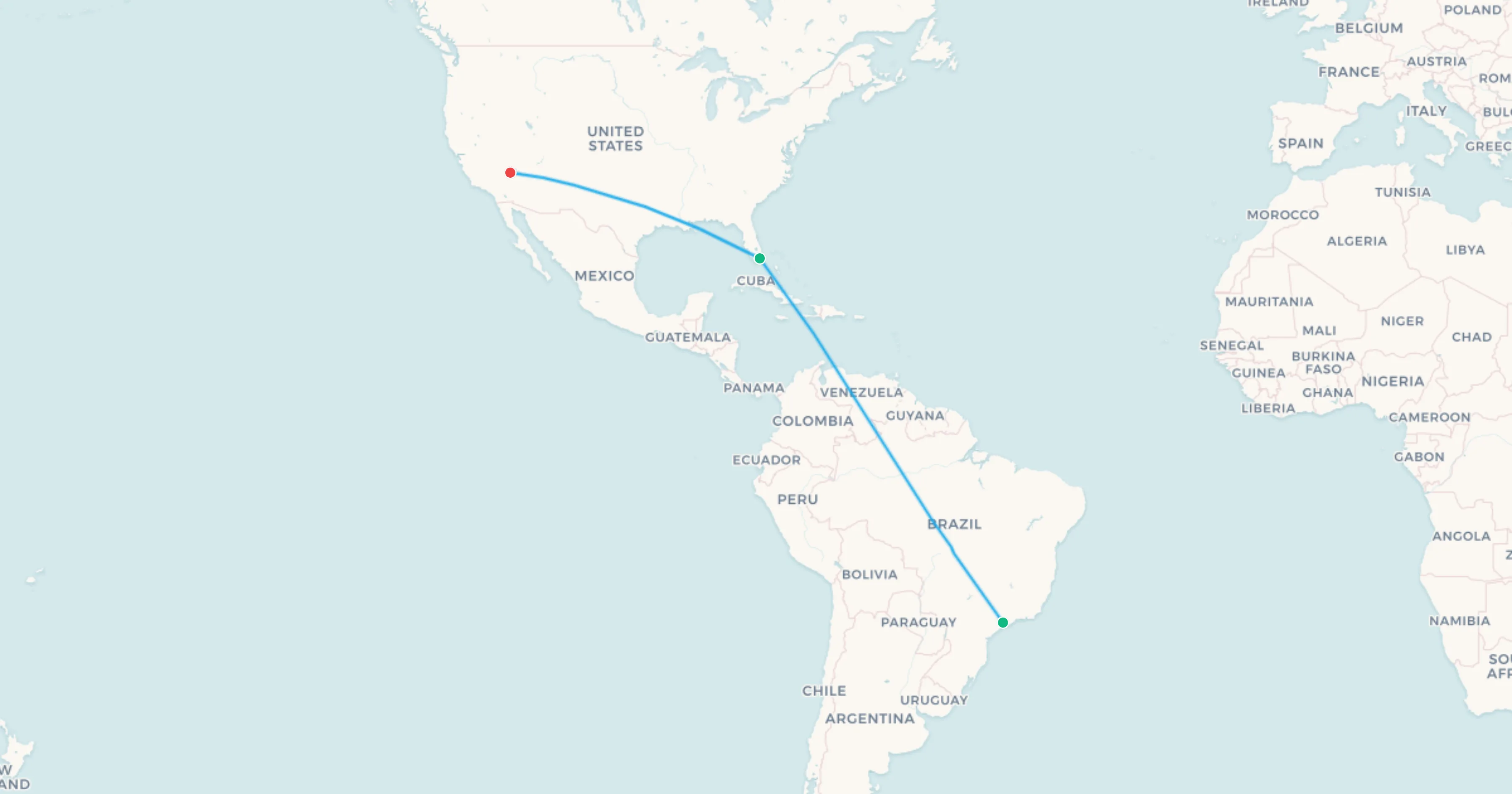 São Paulo to Las Vegas flight leg map