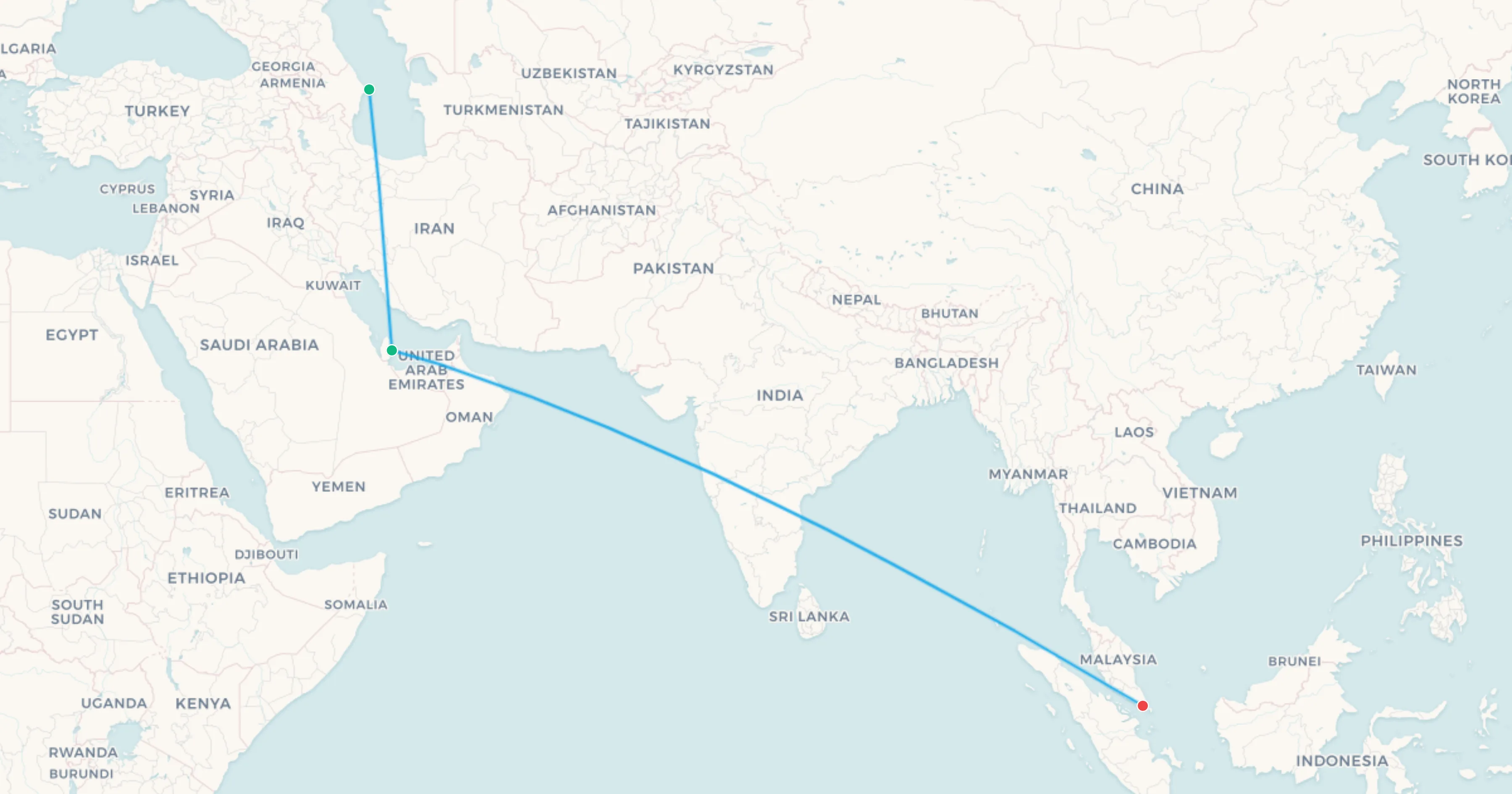 Baku to Singapore flight leg map