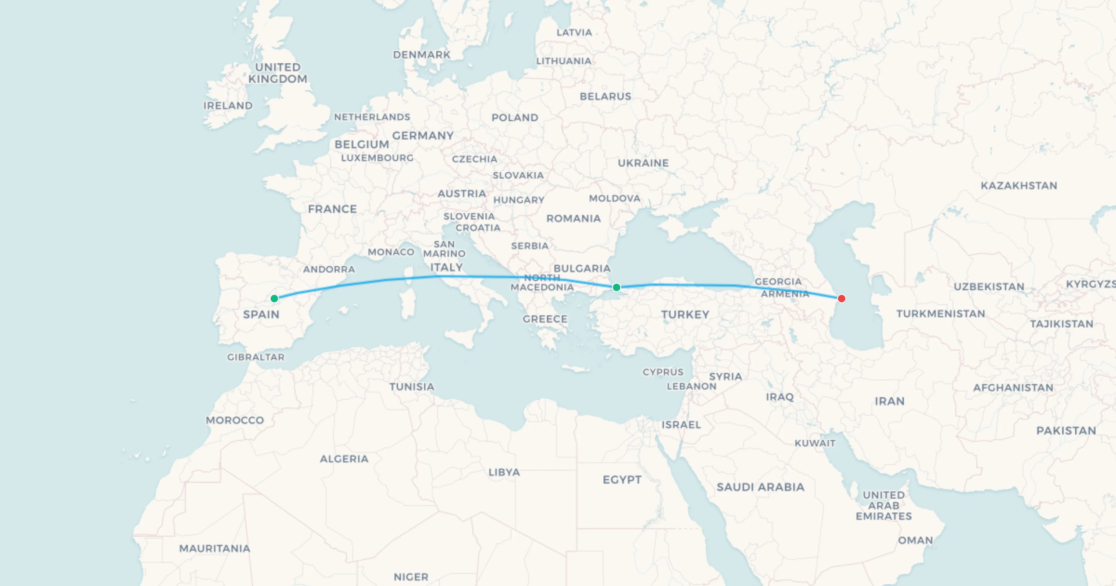 Madrid to Baku flight leg map