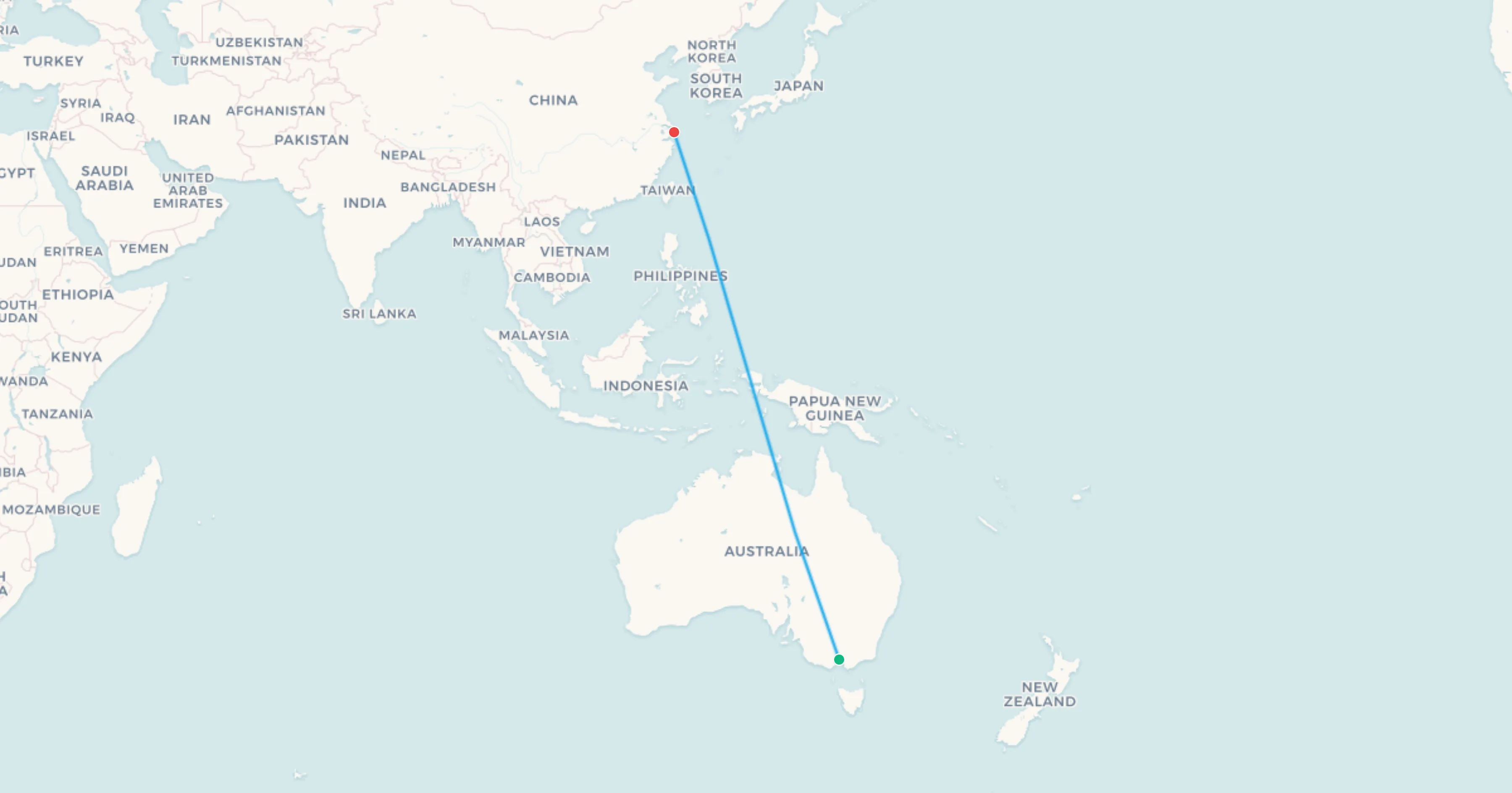 Melbourne to Shanghai flight leg map