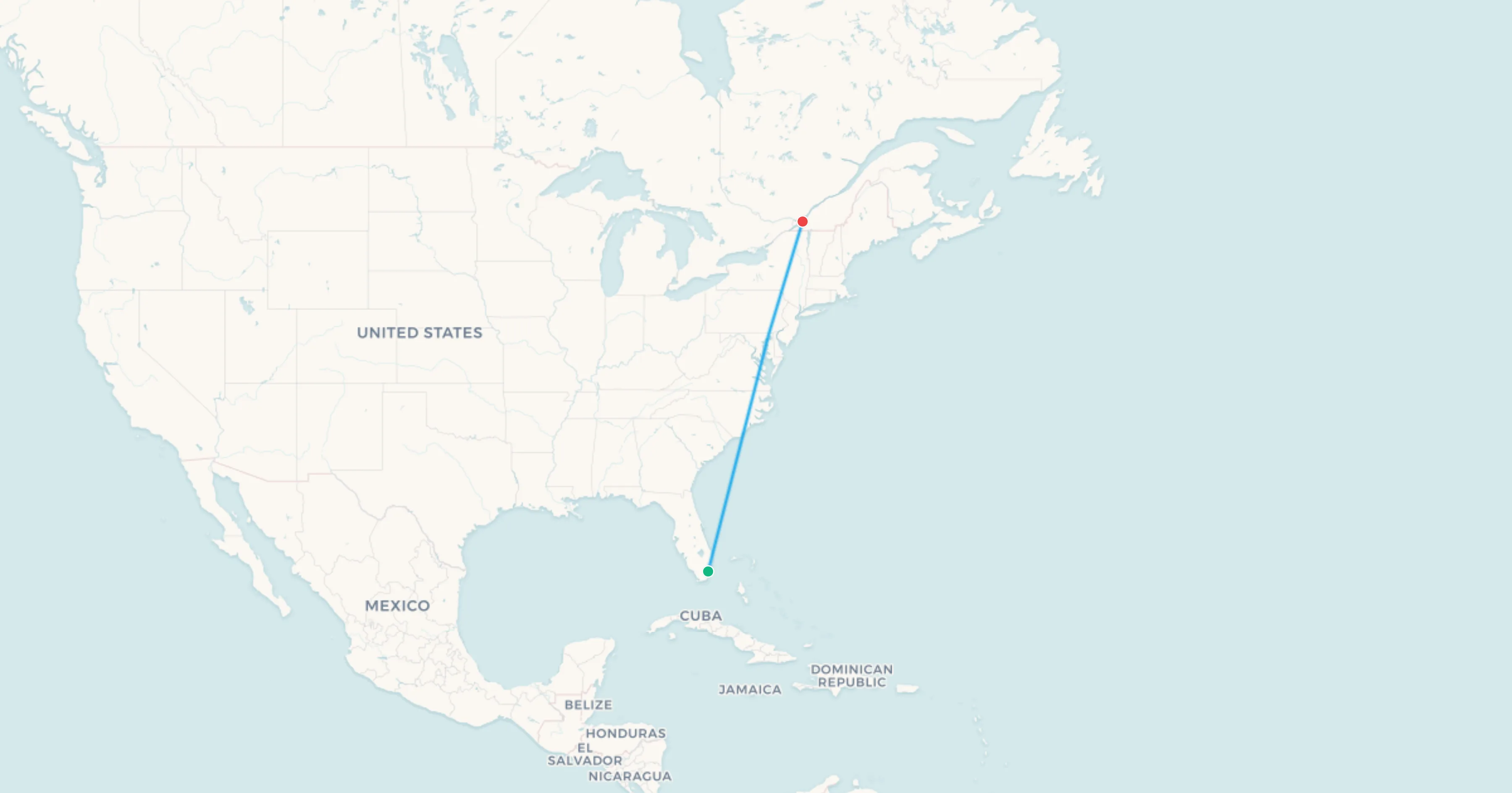 Miami to Montreal flight leg map