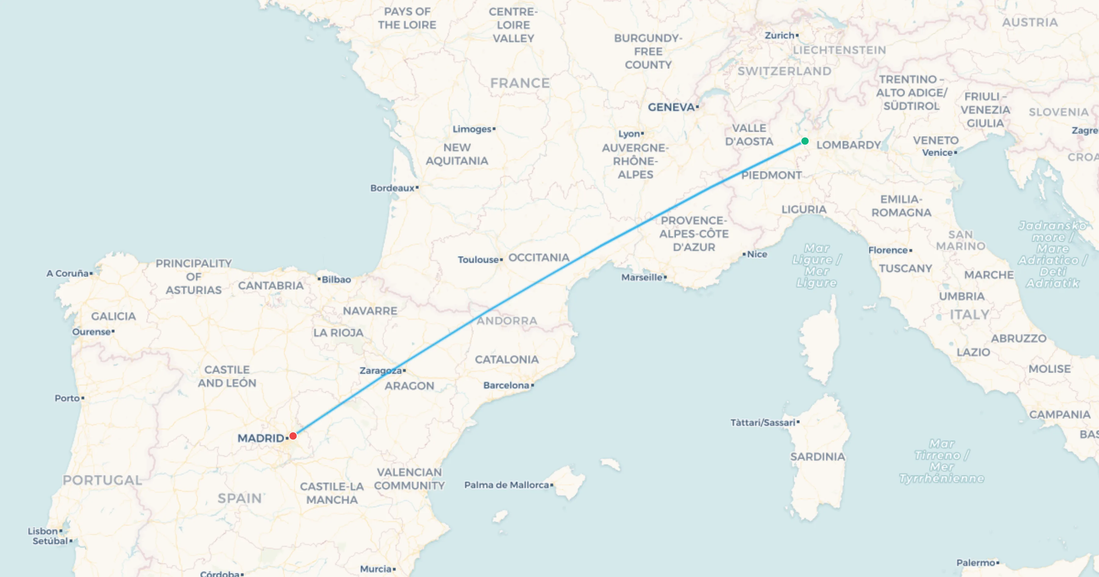 Monza to Madrid flight leg map