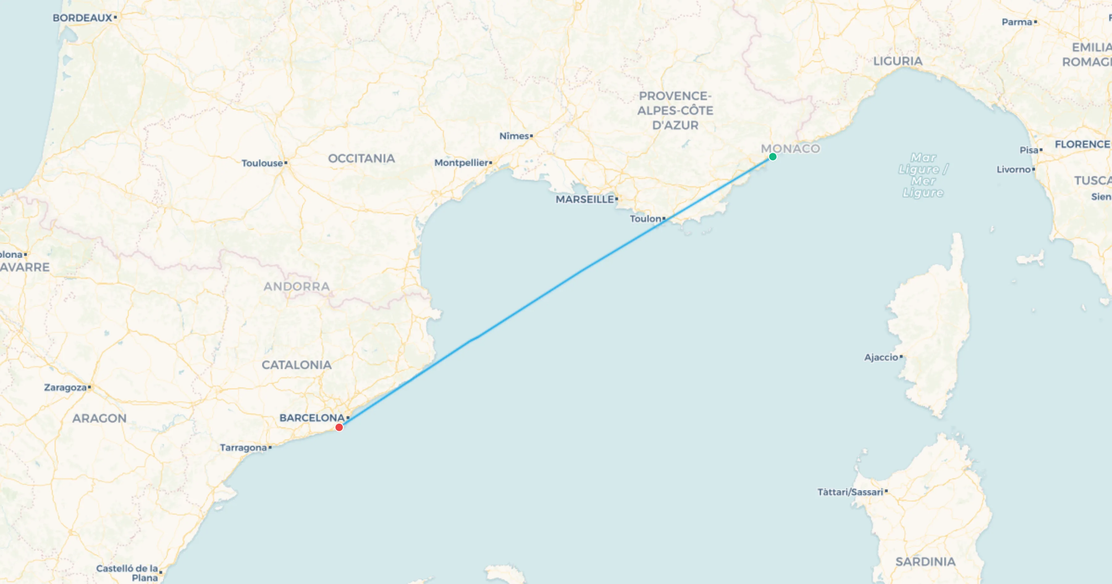 Monaco to Barcelona flight leg map