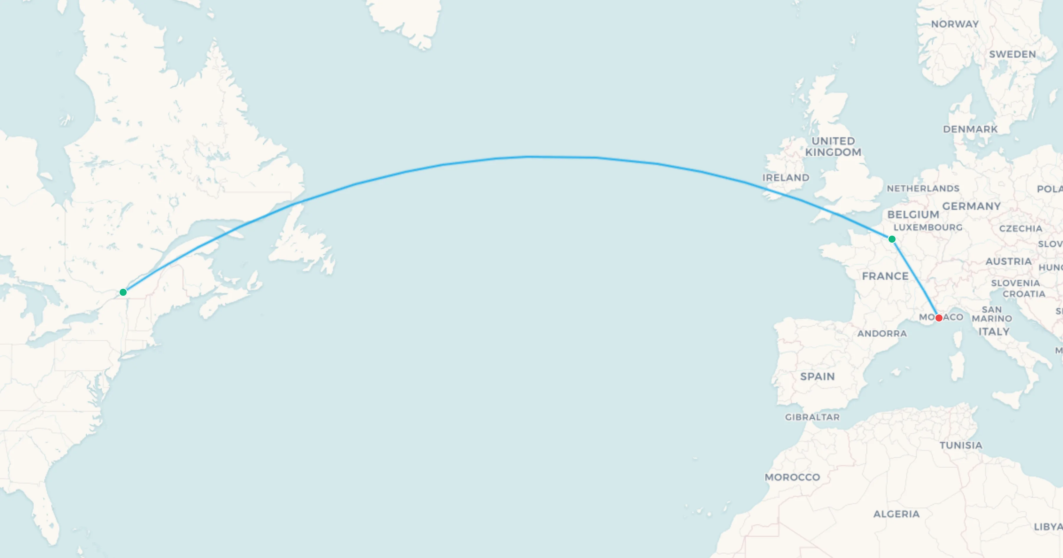 Montreal to Monaco flight leg map
