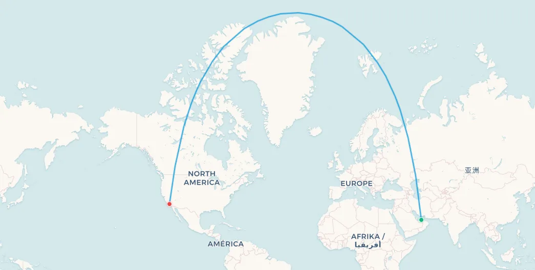 Etihad discontinued route map: Abu Dhabi to Los Angeles