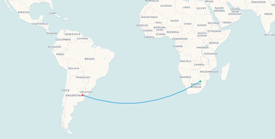 South African Airways discontinued route map: Johannesburg to Buenos Aires