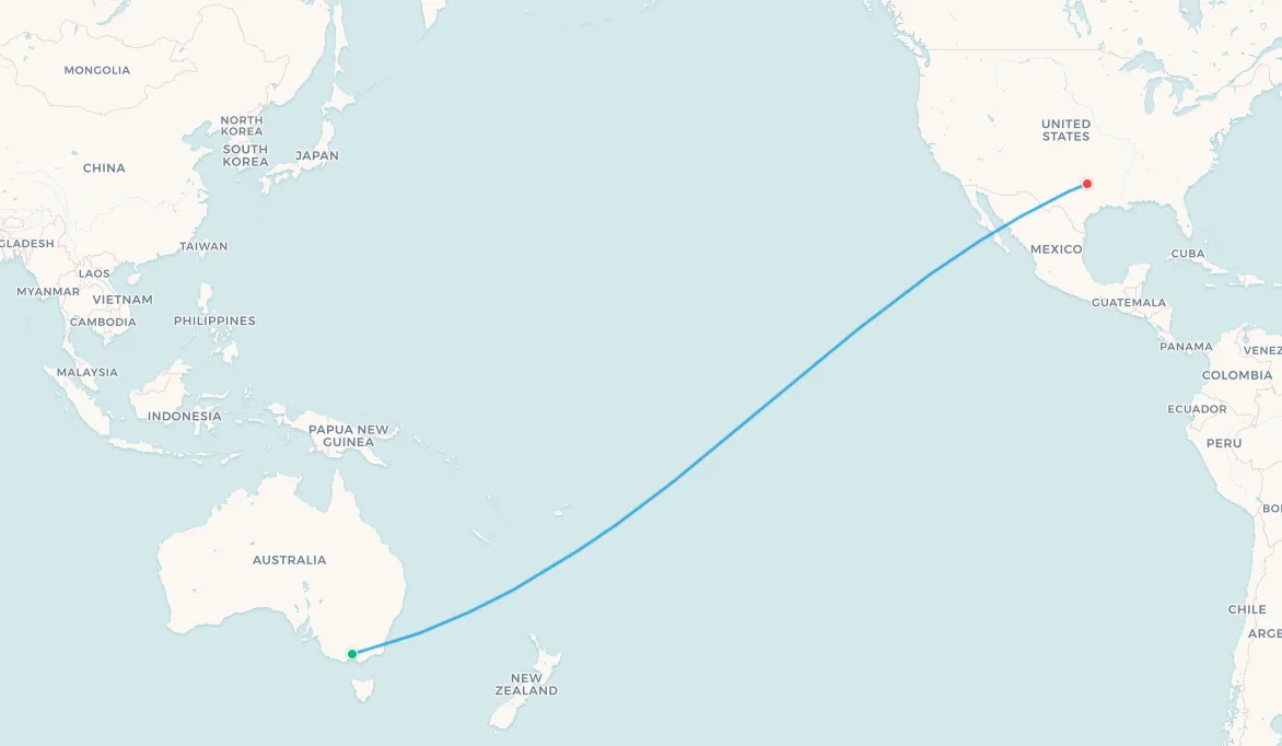 Qantas discontinued route map: Melbourne to Dallas/Fort Worth