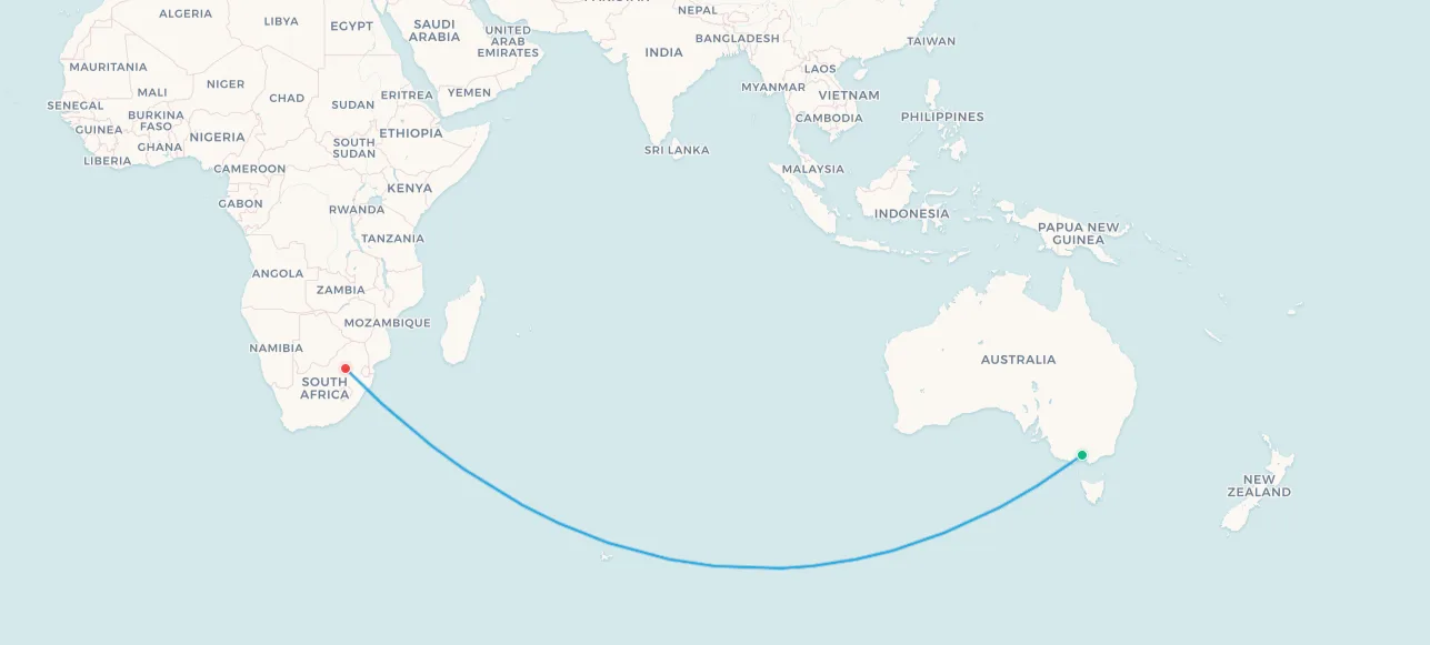 Qantas discontinued route map: Melbourne to Johannesburg Wallaby Route