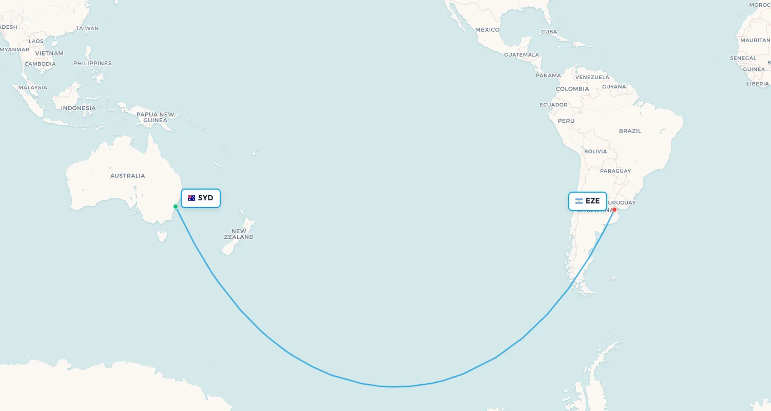 Qantas discontinued route map: Sydney to Buenos Aires