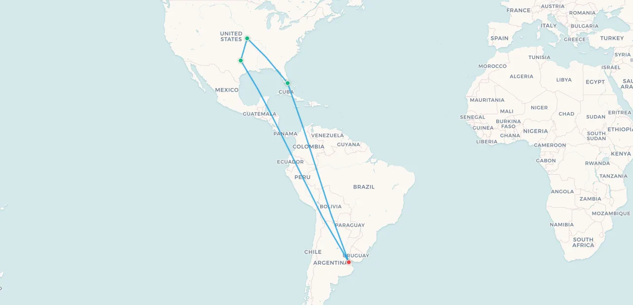 Mapa del itinerario de viaje para hinchas de Argentina, Buenos Aires, Kansas City y Dallas
