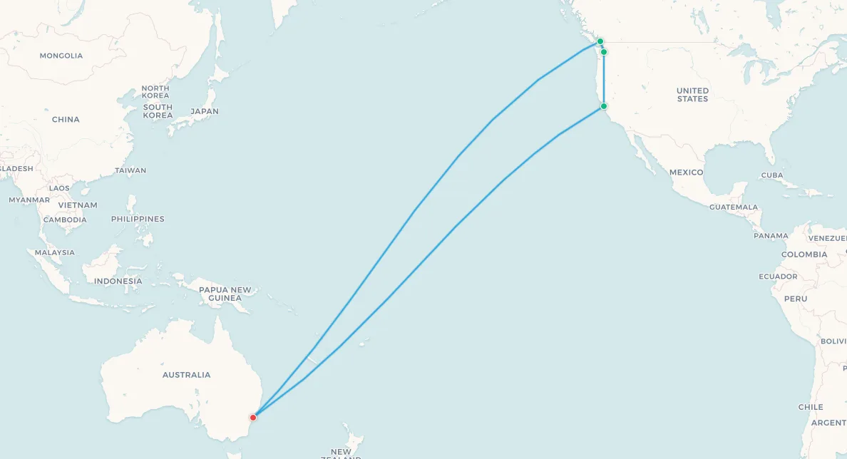 Mapa del itinerario de viaje para hinchas de Australia, Sídney, Vancouver, Seattle y San Francisco