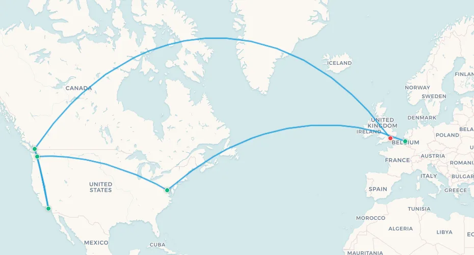 Mapa del itinerario de viaje para hinchas de Bélgica, Bruselas, Seattle, Los Ángeles y Vancouver