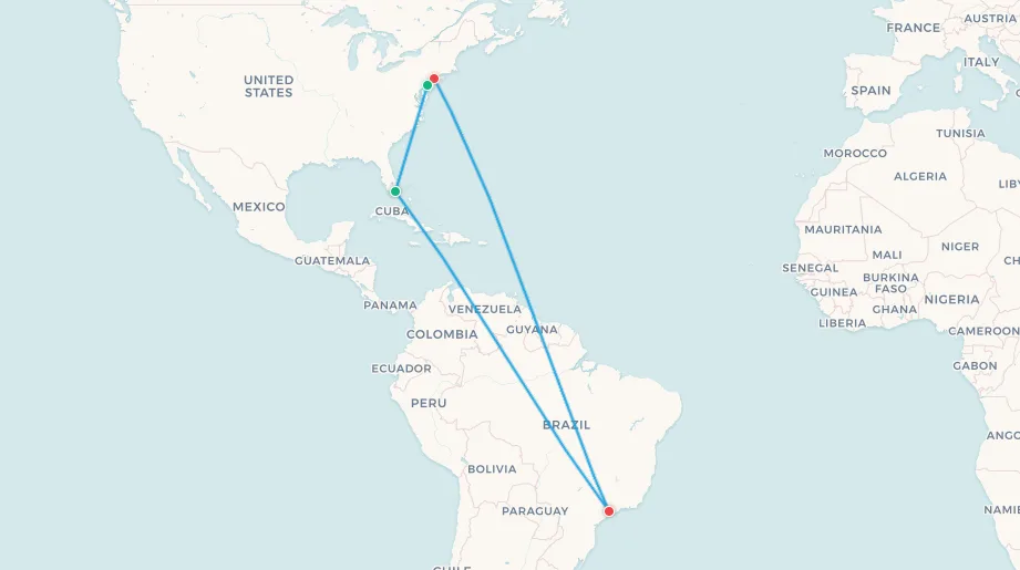 Mapa del itinerario de viaje para hinchas de Brasil, São Paulo, Nueva York, Filadelfia y Miami
