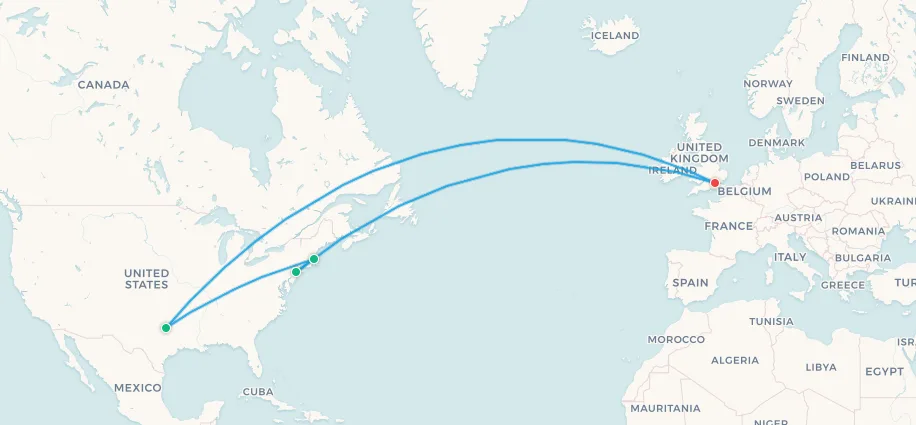 Mapa del itinerario de viaje para hinchas de Inglaterra, Londres, Dallas, Boston y Nueva York