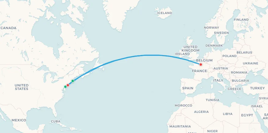 Mapa del itinerario de viaje para hinchas de Francia, París, Nueva York, Filadelfia y Boston