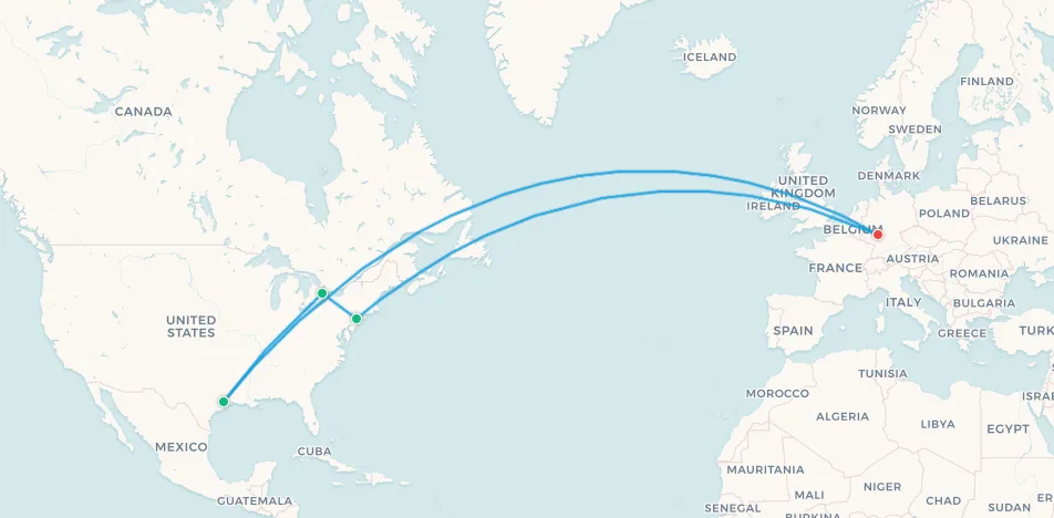Mapa del itinerario de viaje para hinchas de Alemania, Fráncfort, Houston, Toronto y Nueva York