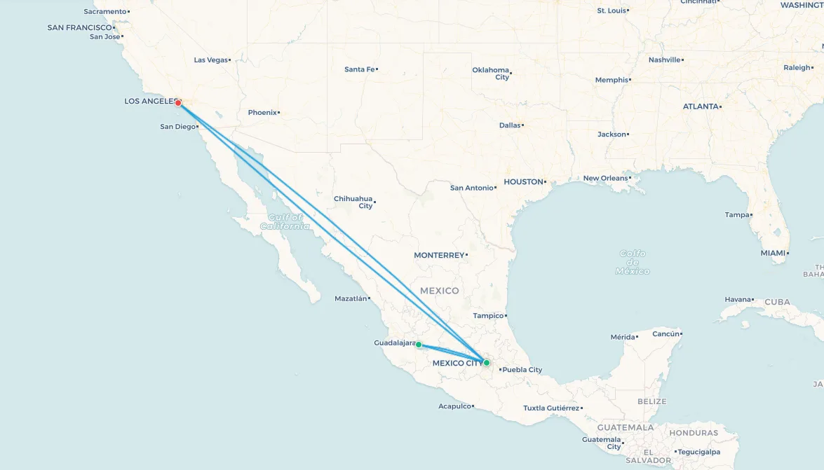 Mapa del itinerario de viaje para hinchas de México, Los Ángeles, Ciudad de México y Guadalajara