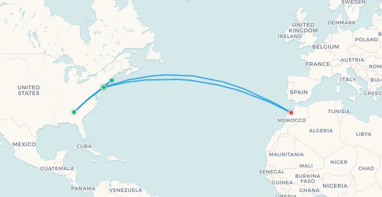 Mapa del itinerario de viaje para hinchas de Marruecos, Casablanca, Nueva York, Boston y Atlanta
