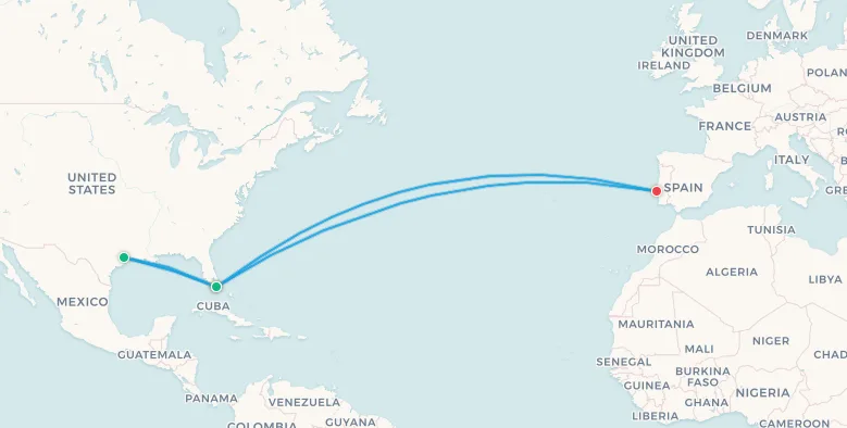 Mapa del itinerario de viaje para hinchas de Portugal, Lisboa, Houston y Miami