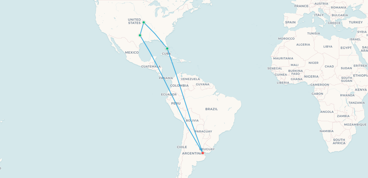 Argentina fan travel itinerary map, Buenos Aires to Kansas City to Dallas