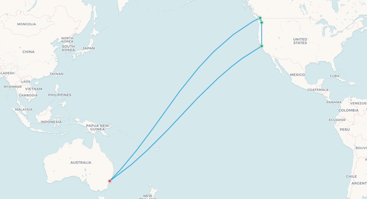 Australia fan travel itinerary map, Sydney to Vancouver to Seattle to San Francisco