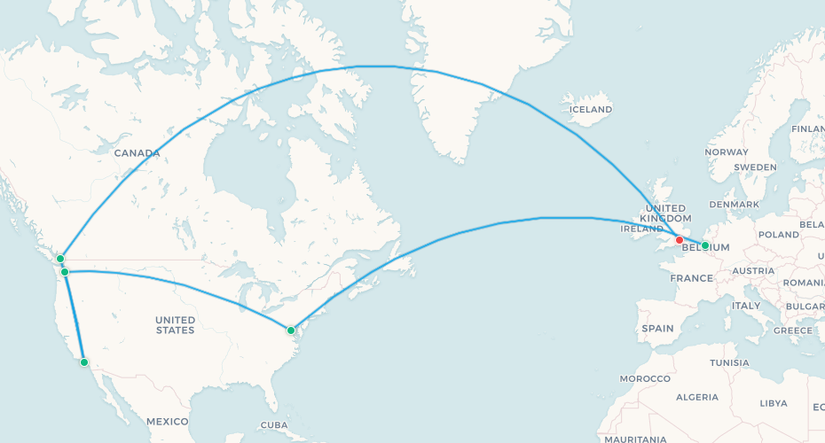 Belgium fan travel itinerary map, Brussels to Seattle to Los Angeles to Vancouver