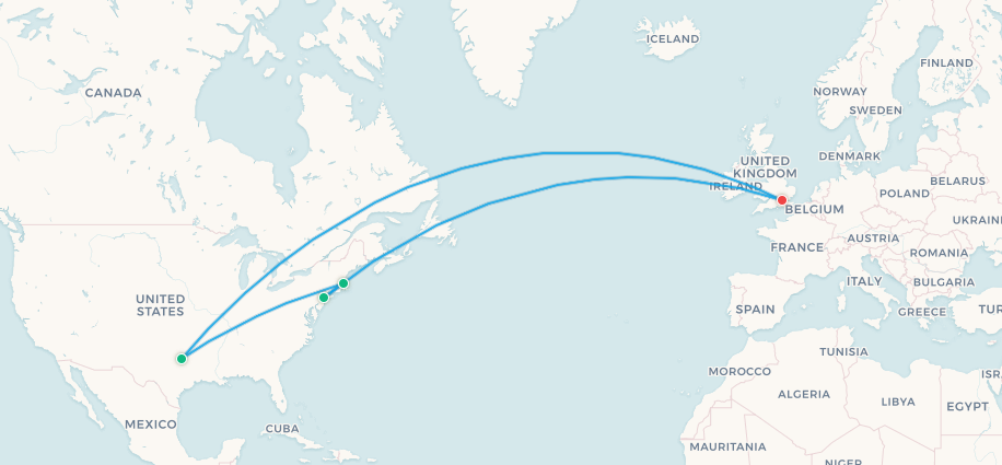 England fan travel itinerary map, London to Dallas to Boston to New York