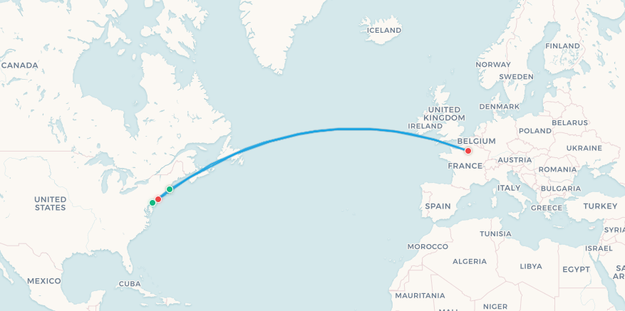 France fan travel itinerary map, Paris to New York to Philadelphia to Boston