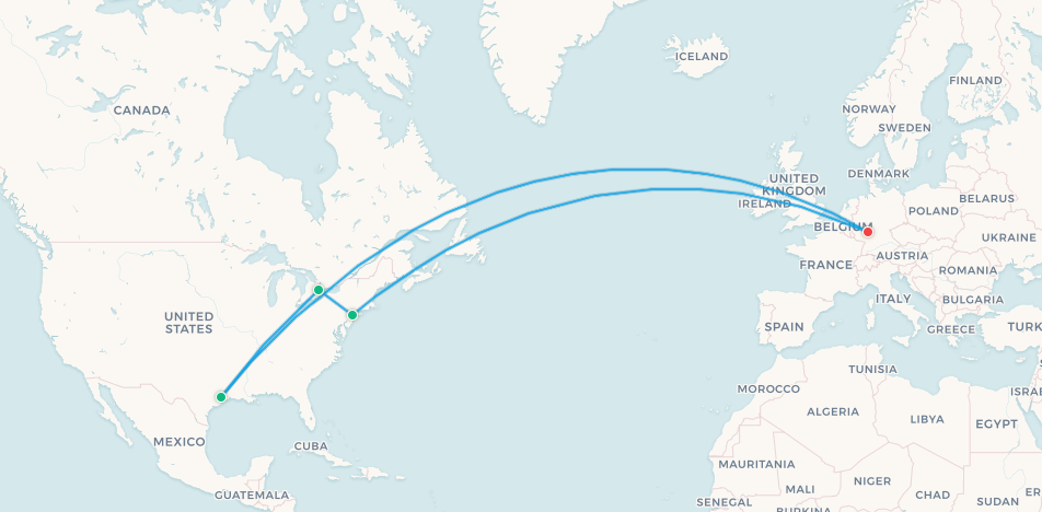 Germany fan travel itinerary map, Frankfurt to Houston to Toronto to New York