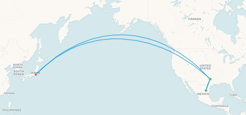 Japan fan travel itinerary map, Tokyo to Dallas to Monterrey and back to Dallas