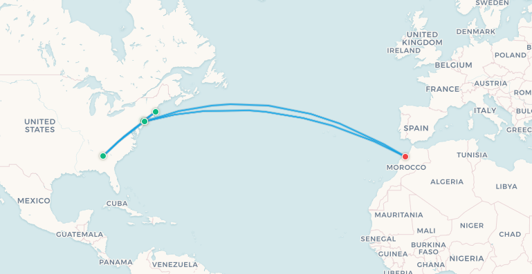 Morocco fan travel itinerary map, Casablanca to New York to Boston to Atlanta