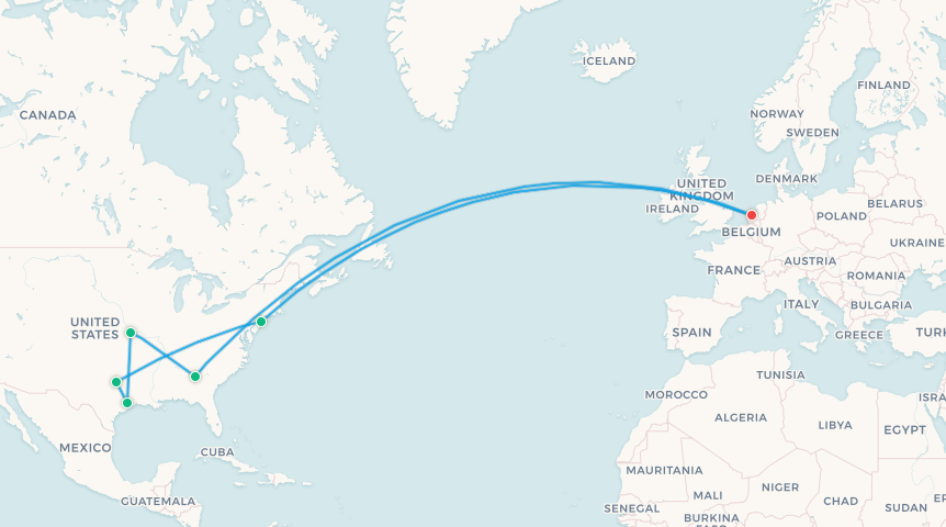 Netherlands fan travel itinerary map, Amsterdam to New York to Dallas to Houston to Kansas City