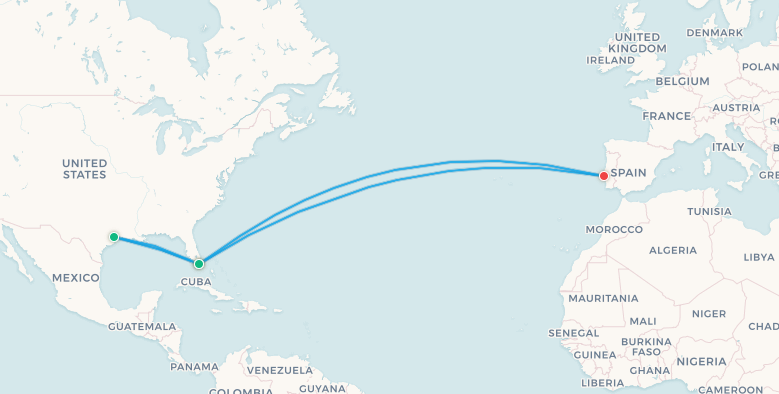 Portugal fan travel itinerary map, Lisbon to Houston to Miami