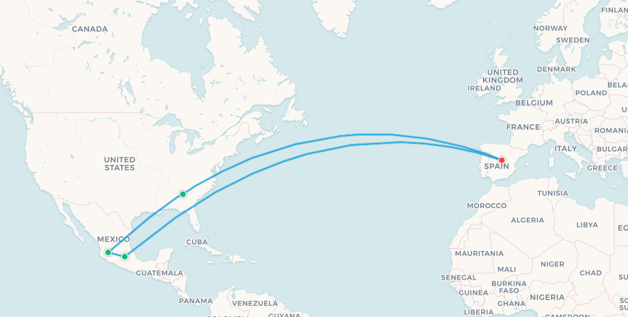 Spain fan travel itinerary map, Madrid to Atlanta to Guadalajara